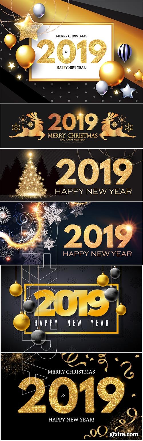 Happy New 2019 Year Vector illustration with gold shining christmas tree