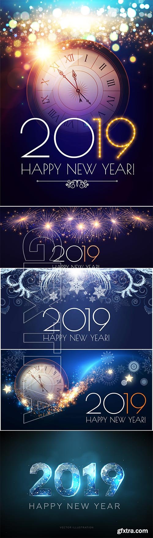 Happy New 2019 Year vector illustration, clock, fireworks