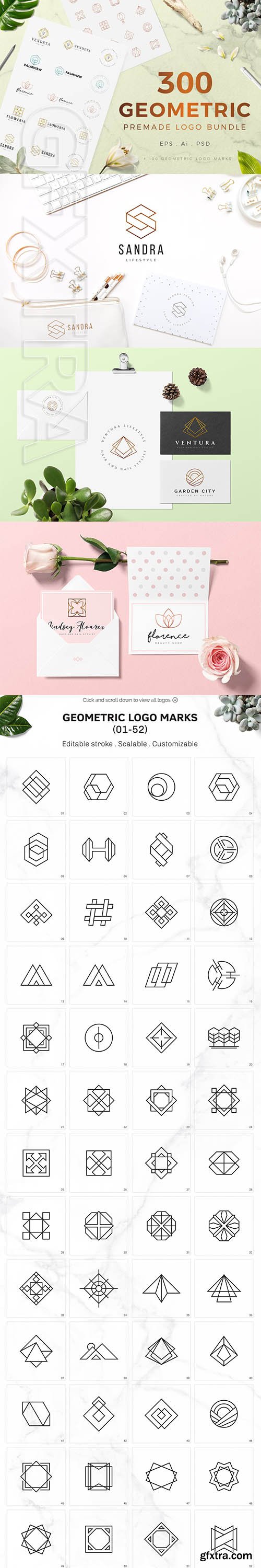 CreativeMarket - 300 Geometric Premade Logo Bundle 3155393