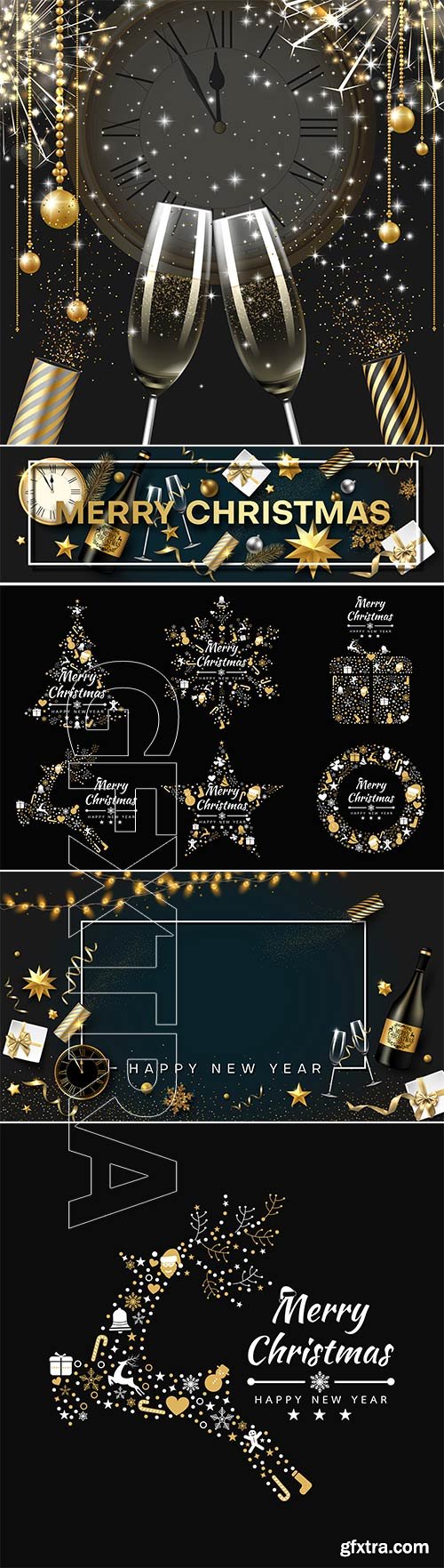 Christmas and New Year vector card with golden decor