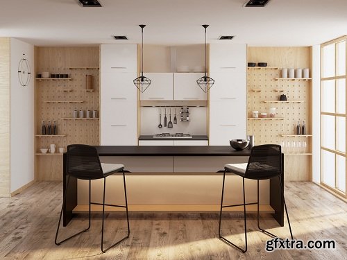 Wooden Kitchen Interior Scene