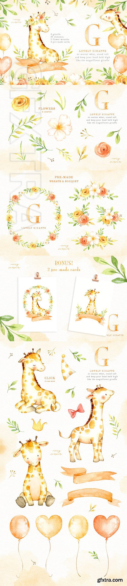 CreativeMarket - Lovely Giraffe Watercolor Clip Art 3156334