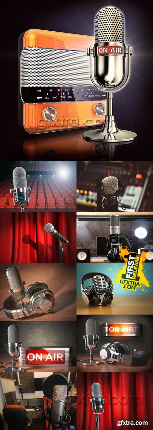 Microphone and earphones radio studio professional equipment