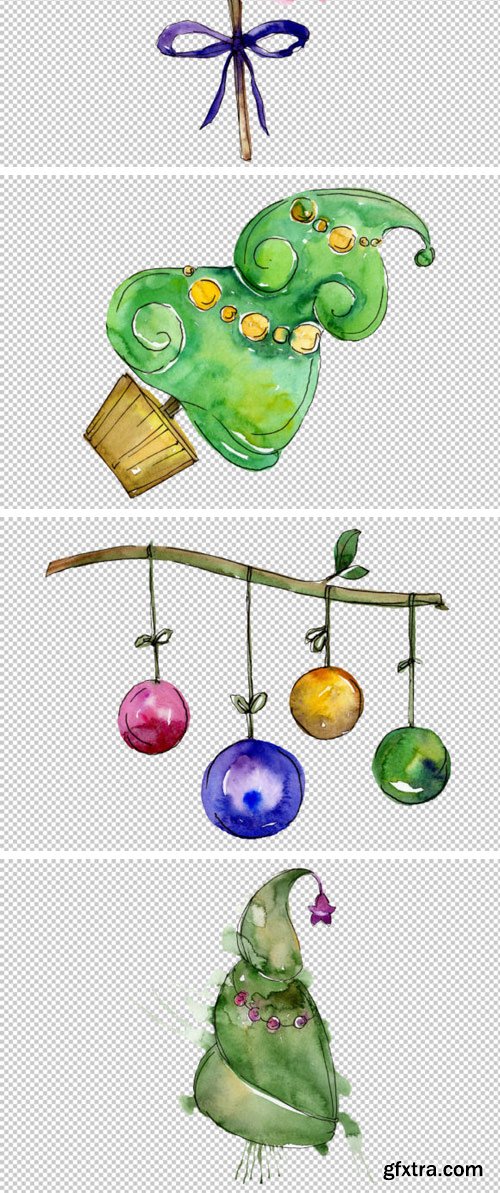 New Year Decoration PNG Watercolor Set