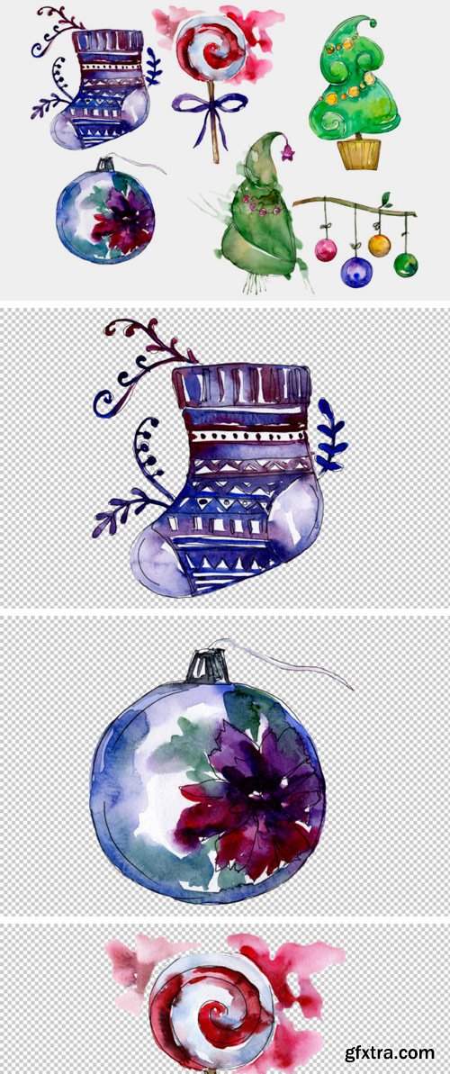 New Year Decoration PNG Watercolor Set