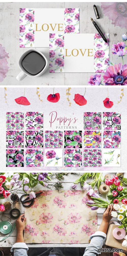 Pink Poppy Flower PNG Watercolor Set