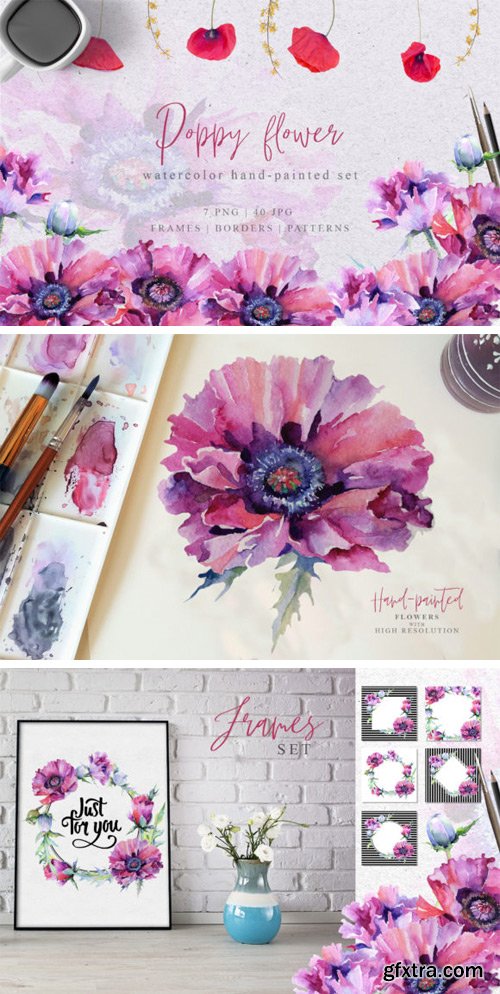 Pink Poppy Flower PNG Watercolor Set