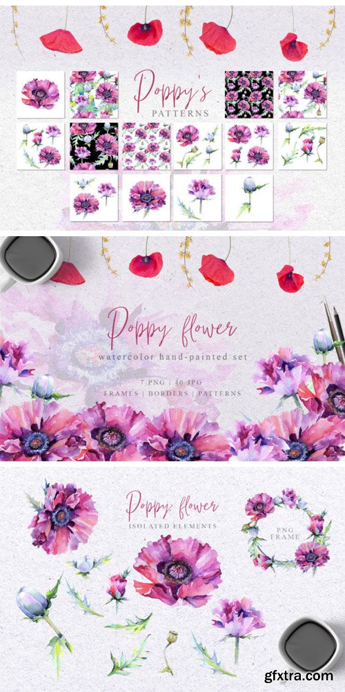 Pink Poppy Flower PNG Watercolor Set