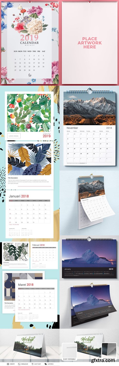 2018/2019 Calendar PSD Mockup Collection [PSD/Ai/EPS]