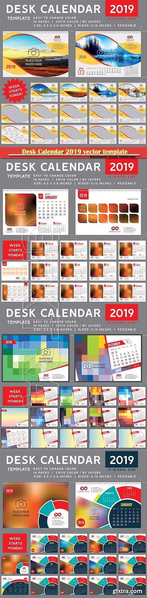 Desk Calendar 2019 vector template, 12 months included # 7