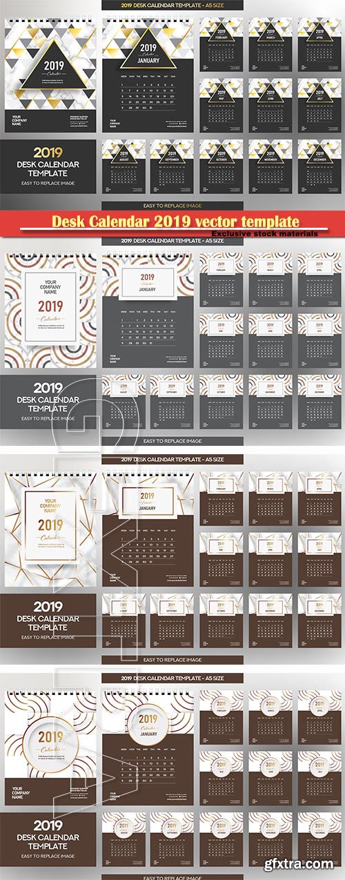 Desk Calendar 2019 vector template, 12 months included # 8