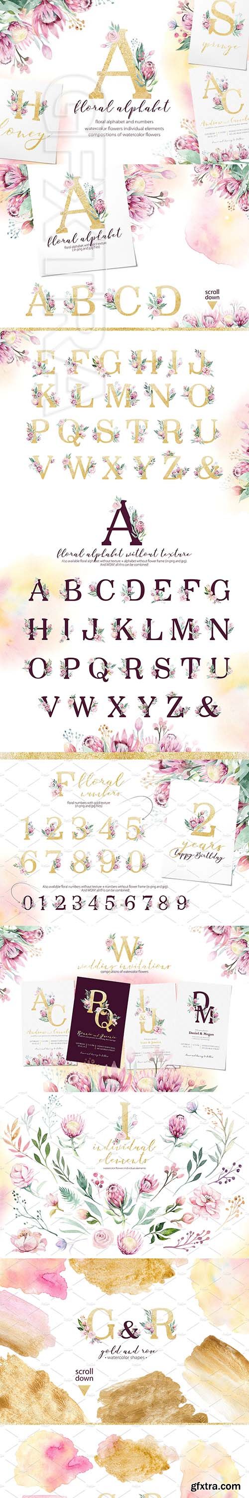 CreativeMarket - Watercolor Gold & Vinous alphabet 3169423