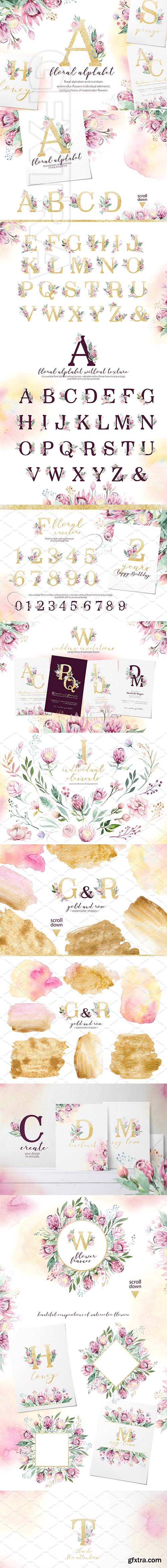 CreativeMarket - Watercolor Gold & Vinous alphabet 3169423