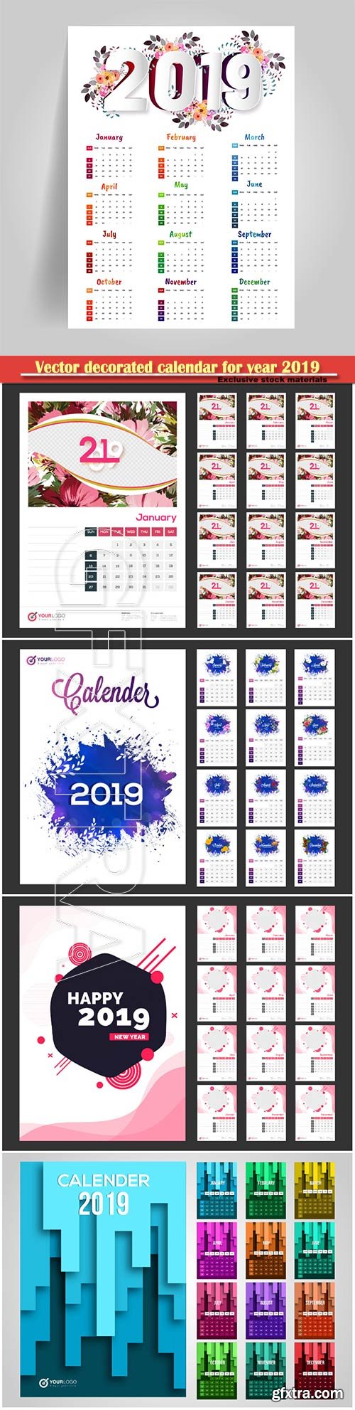 Vector decorated calendar for year 2019