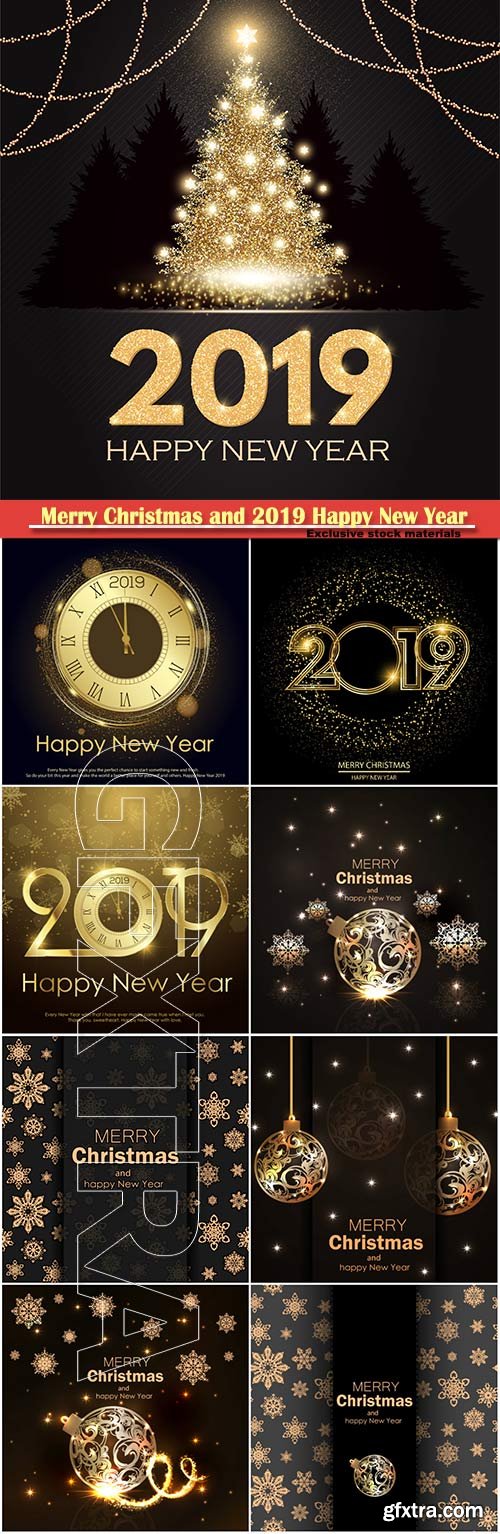 Happy New 2019 Year vector elegant card with gold shining christmas tree