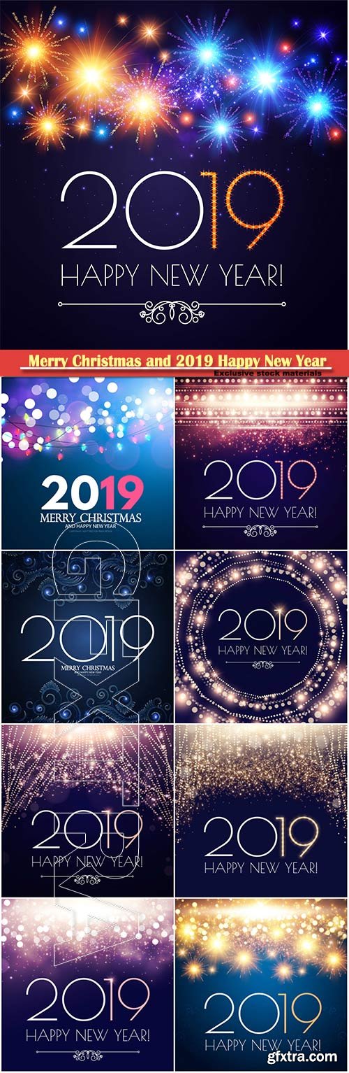 Happy Hew 2019 Year vector card with fileworks, lights and bokeh effect