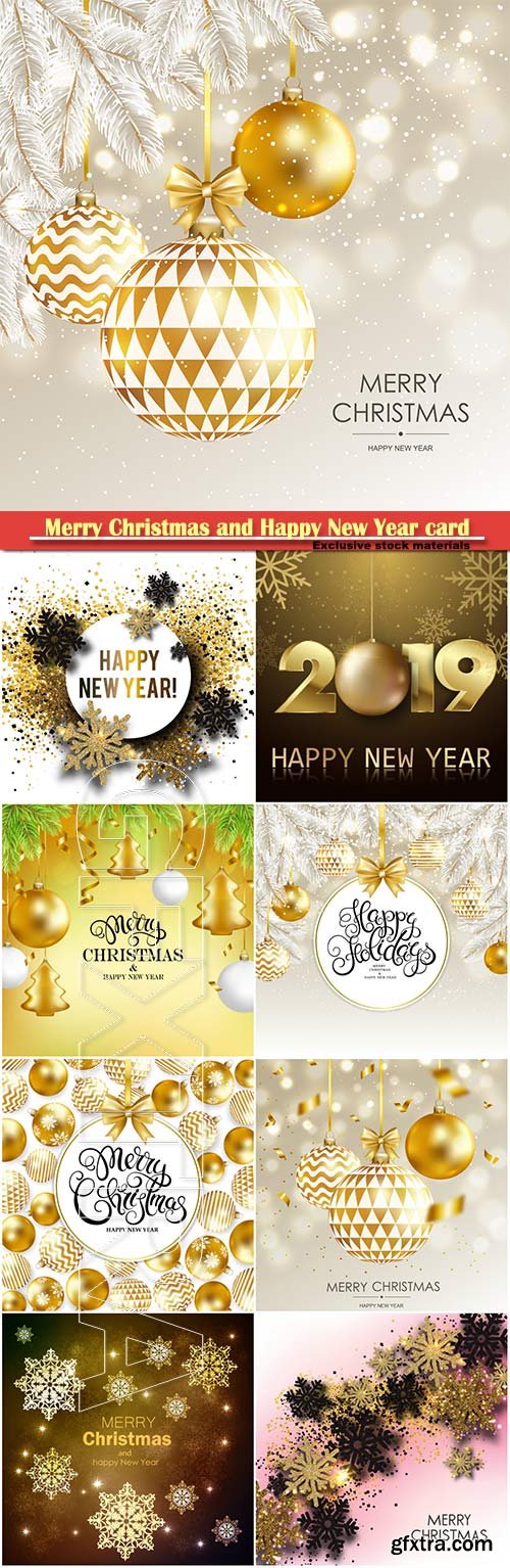 Merry Christmas and Happy New Year card with gold baubles sparkles and snowflakes