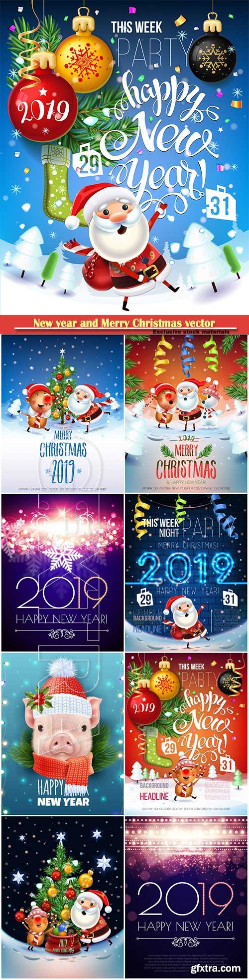 2019 New year and Merry Christmas poster card, Santa Claus, pig decorate the Christmas tree