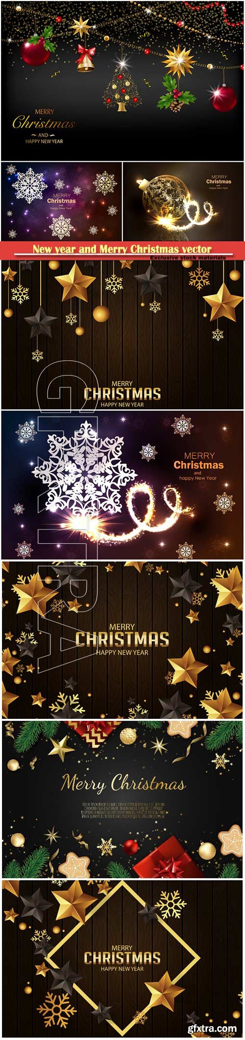 Vector Christmas decorate cards, tree branches, gold stars, christmas balls