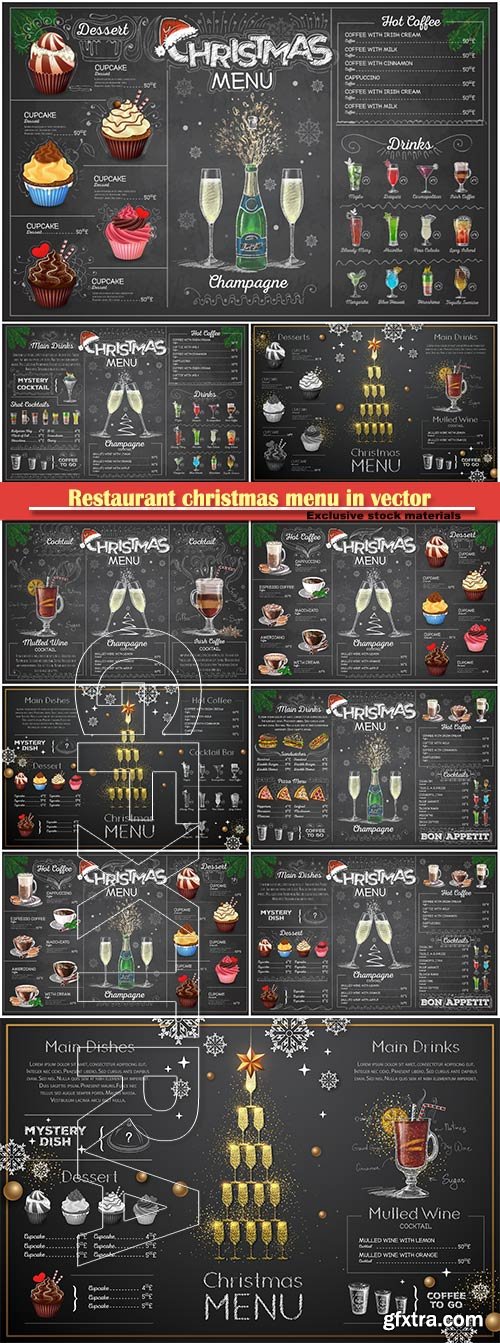 Restaurant christmas menu in vector, vintage chalk drawing  menu design with champagne