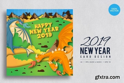 Cute Dragon Theme Happy New Year 2019 Vector Card