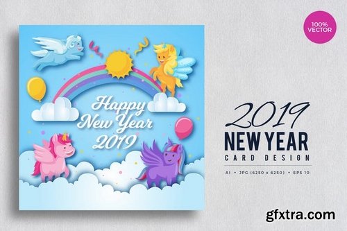 Cute Pony Theme Happy New Year 2019 Vector Card