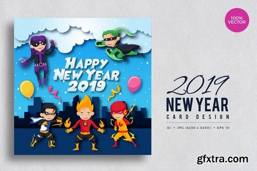 Children Superhero Happy New Year 2019 Vector Card