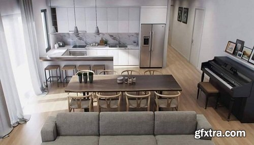 Living Room & kitchen Interior Scene 02 SketchUp