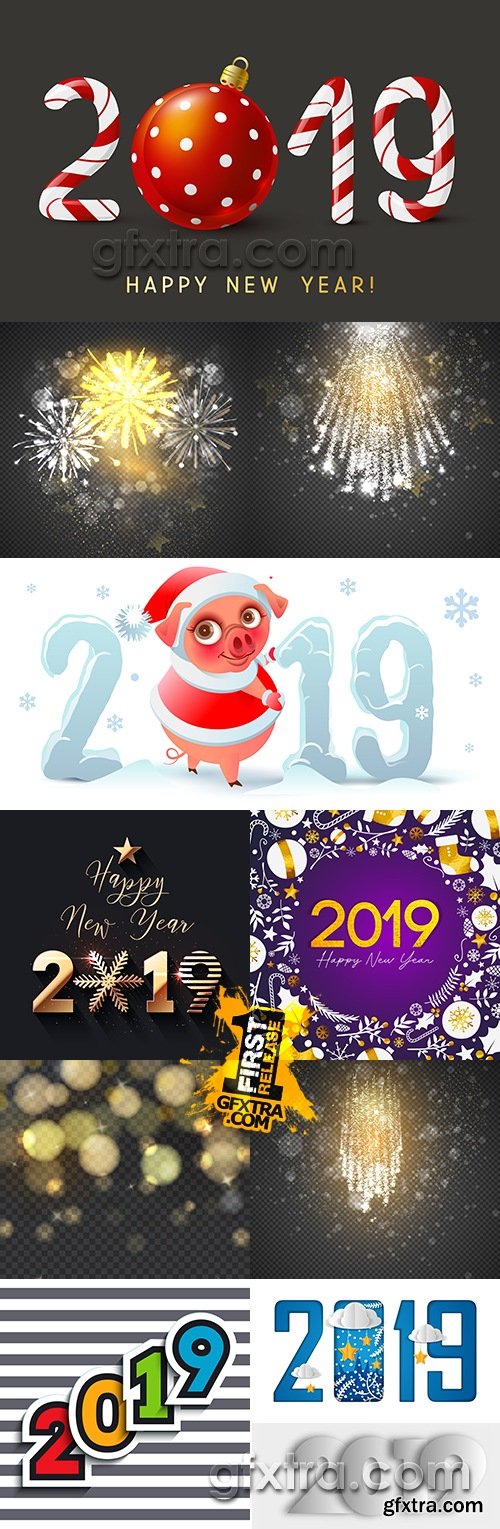 2019 New Year inscriptions decorative and firework effect