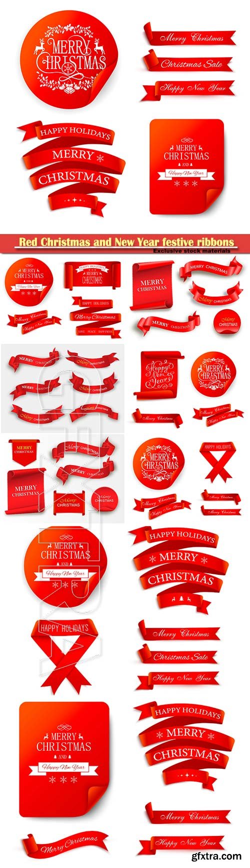 Red Christmas and New Year festive ribbons and vector stickers