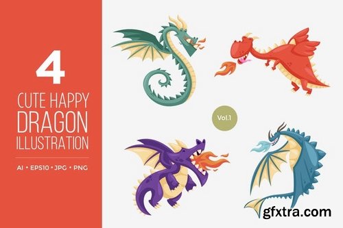 Cute Happy Dragon Vector Character Set 1