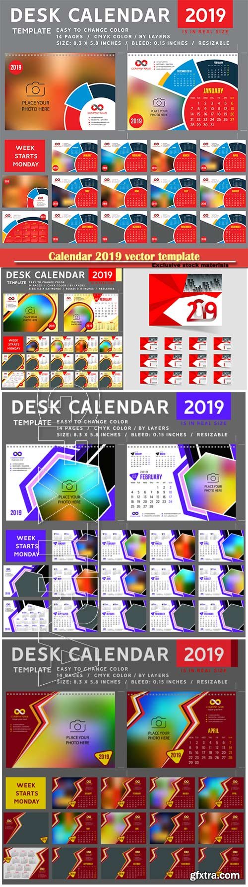 Calendar 2019 vector template, 12 months included # 3