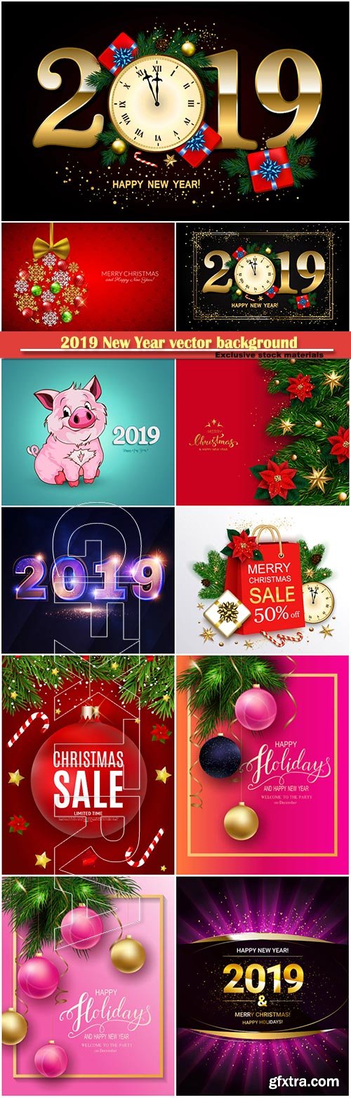 2019 New Year vector background with clock, gift box, candy cane, gold stars