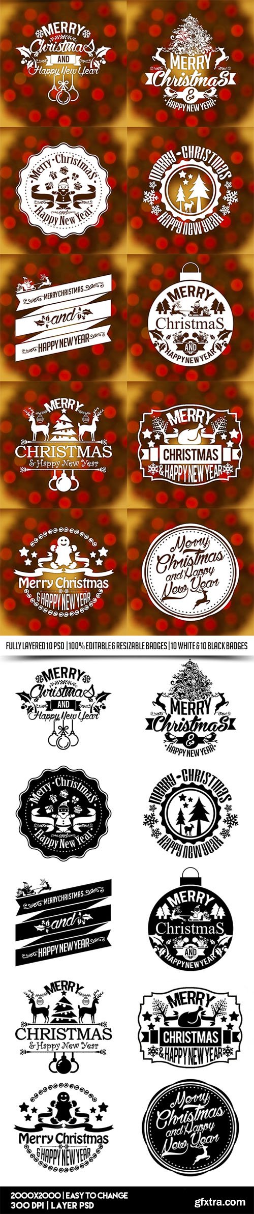 10 Christmas & New Year Vintage Labels/Badges/Stickers in PSD