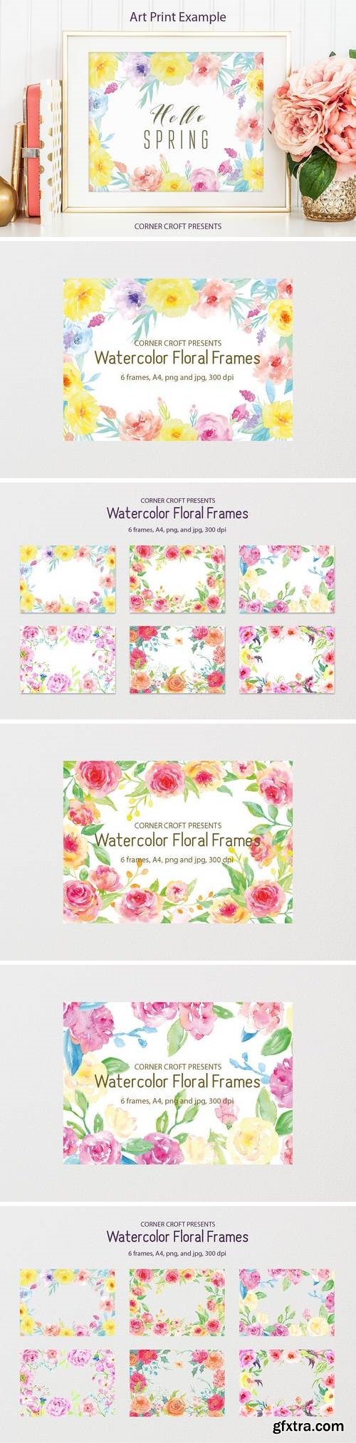 Watercolor floral frame yellow and pink