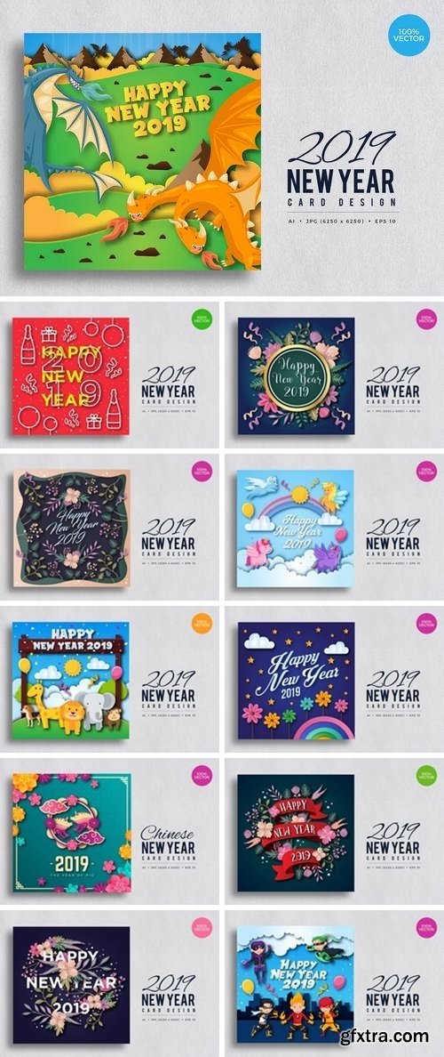 Happy New Year 2019 Vector Card Bundle