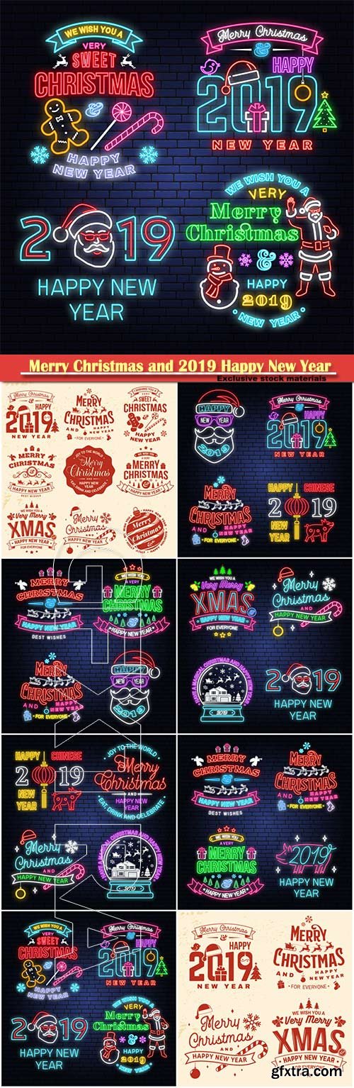 Merry Christmas and 2019 Happy New Year neon sign, sticker set