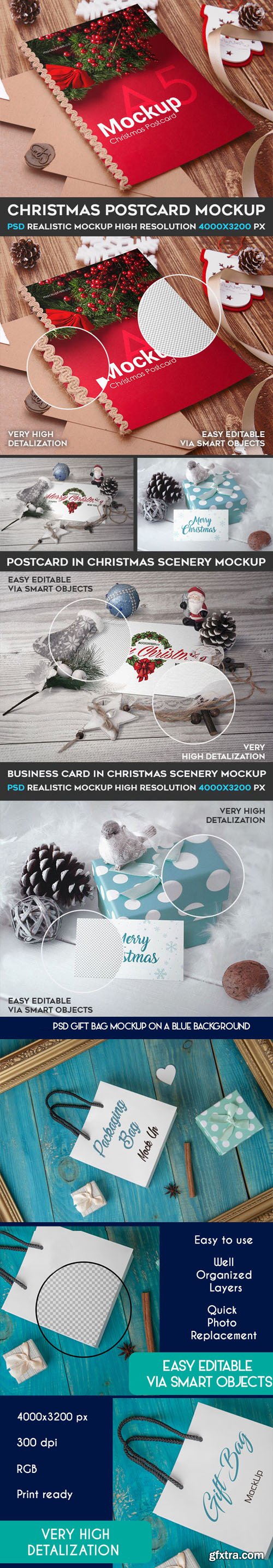 Christmas Postcard + Gift Bag Mockups Collection in PSD