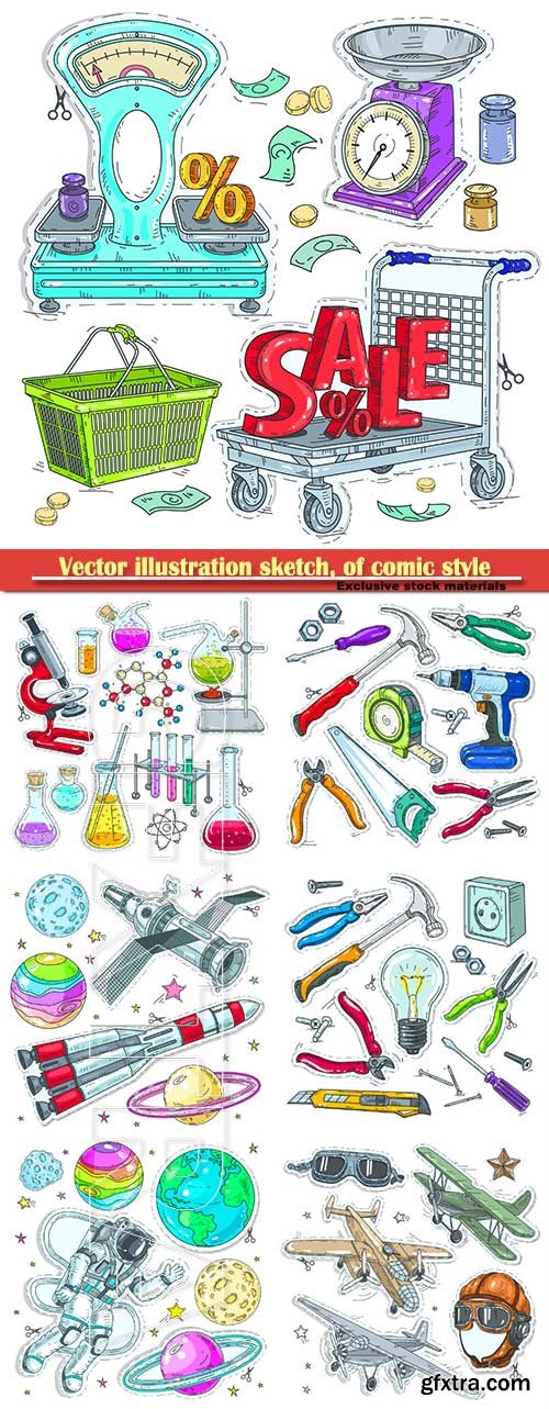 Vector illustration sketch, of comic style colorful icons