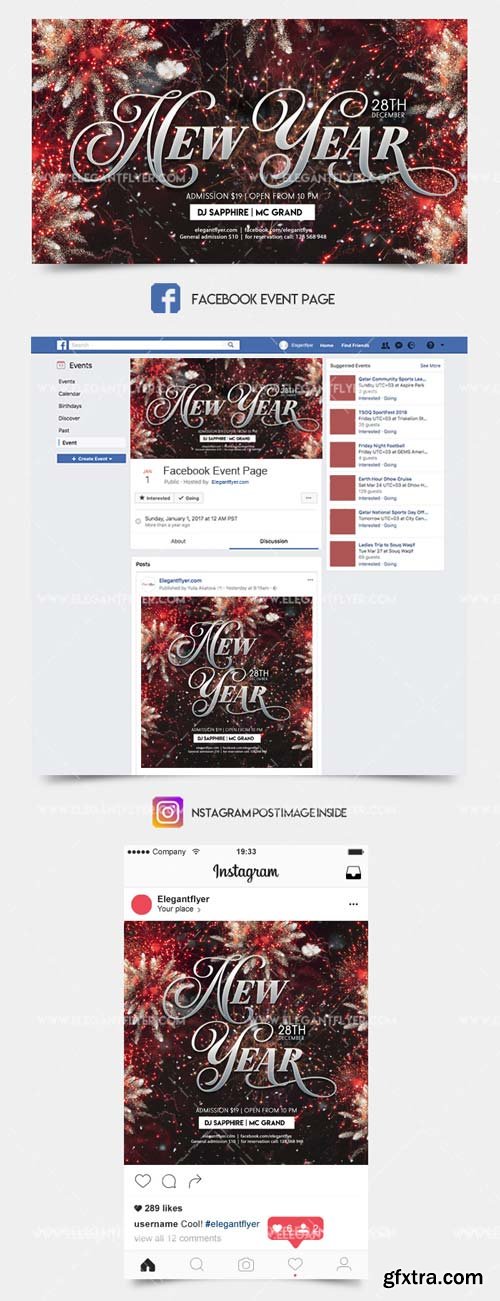 New Year Party V47 2018 Facebook Event + Instagram template + Youtube Channel Banner