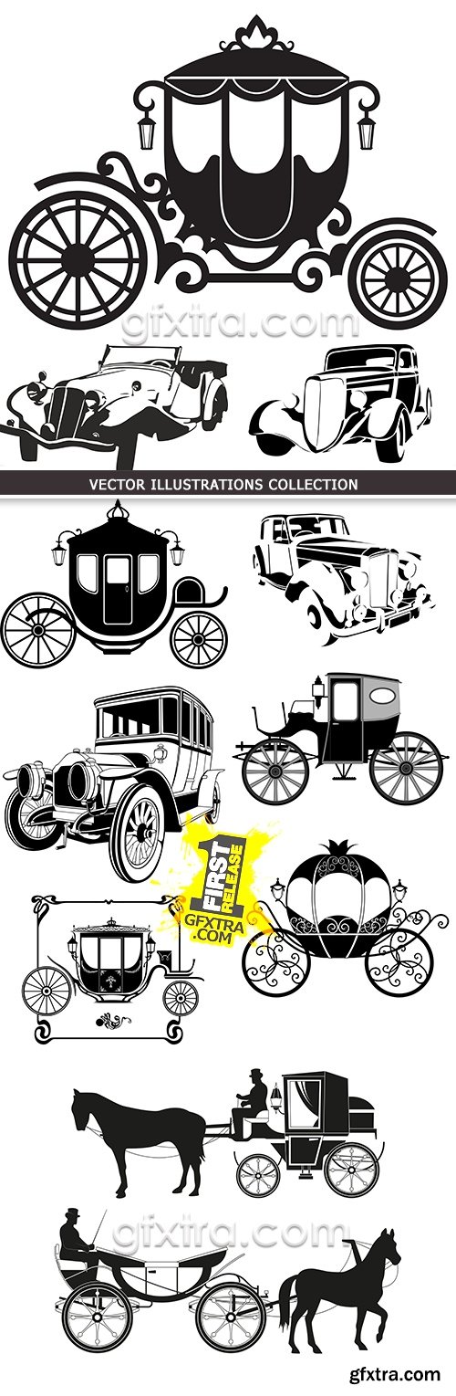 Decorative retro carriage and car silhouettes drawing