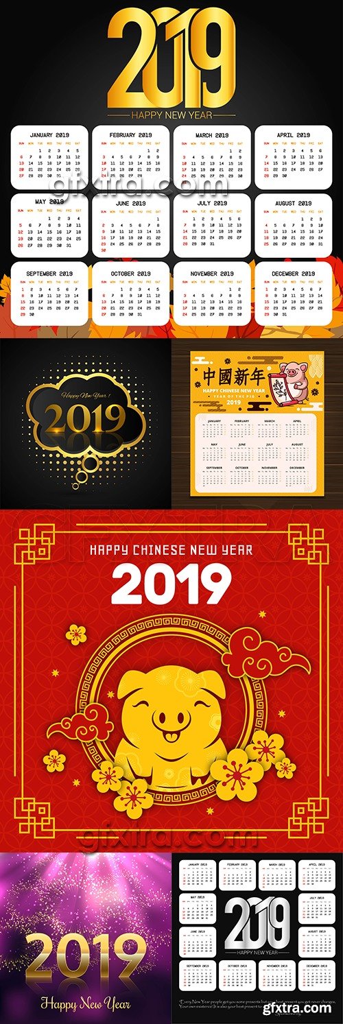 2019 New Year decorative inscriptions and calendar