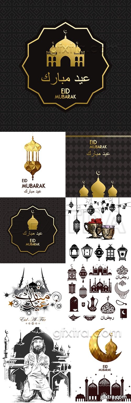 Eid Mubarak and Ramadan Kareem traditional decoration design