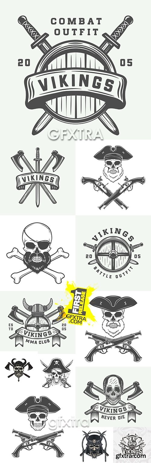 Medieval Viking and Pirates skull armor sketch emblem