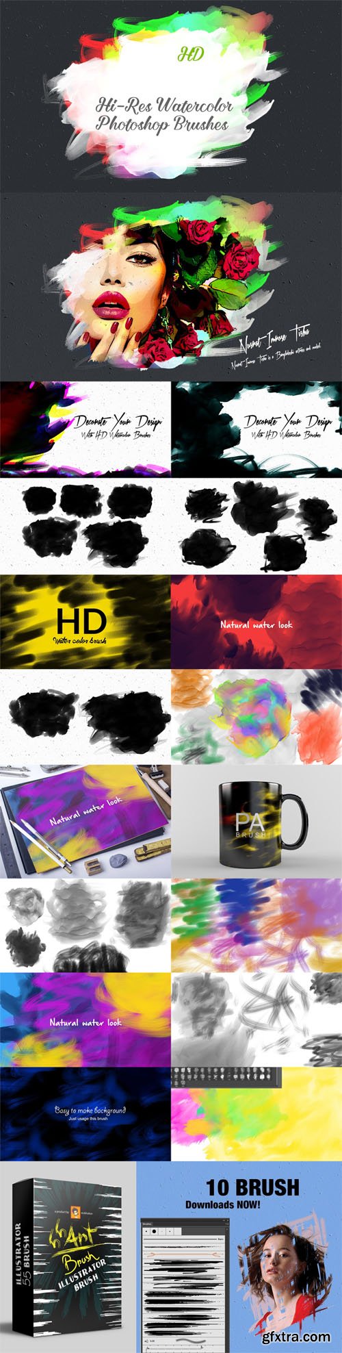 35+ HD Watercolor Photoshop Brushes [ABR] + Illustrator Art Brush [Ai]