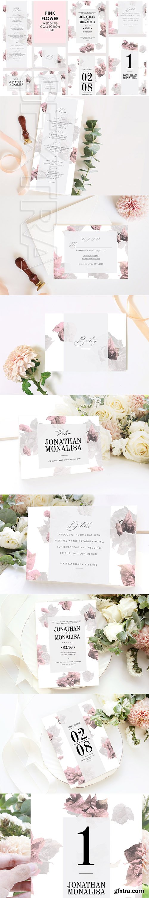 CreativeMarket - Pink Flower Wedding Invitation Set 3307471