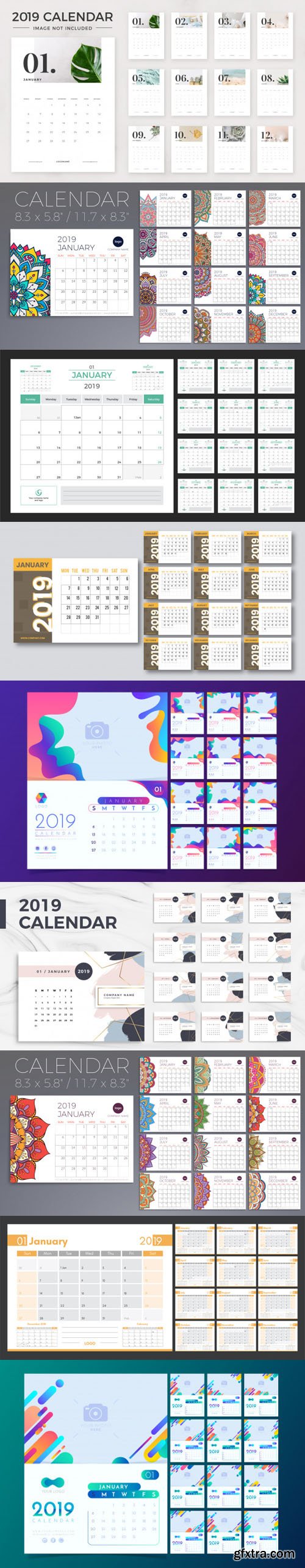 2019 Calendar Vector Templates Collection 6 [ 9 Calendars ]