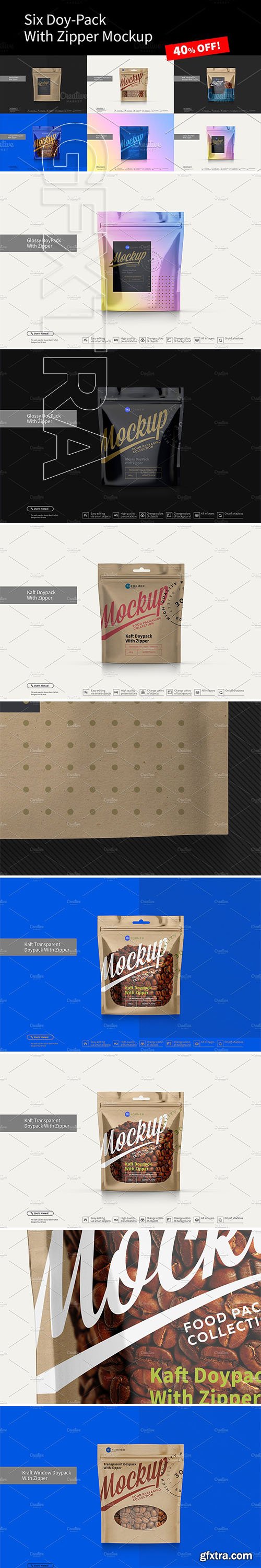 CreativeMarket - Six Doy-Pack Mockup 3284888