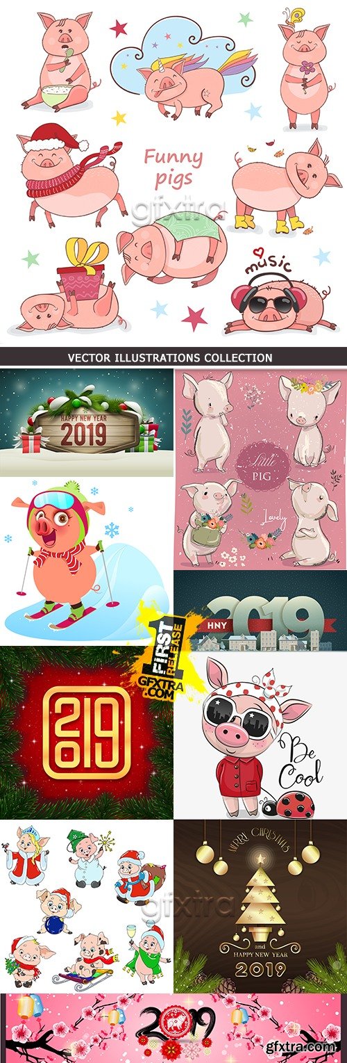 Pig funny and 2019 New Year decorative design collection