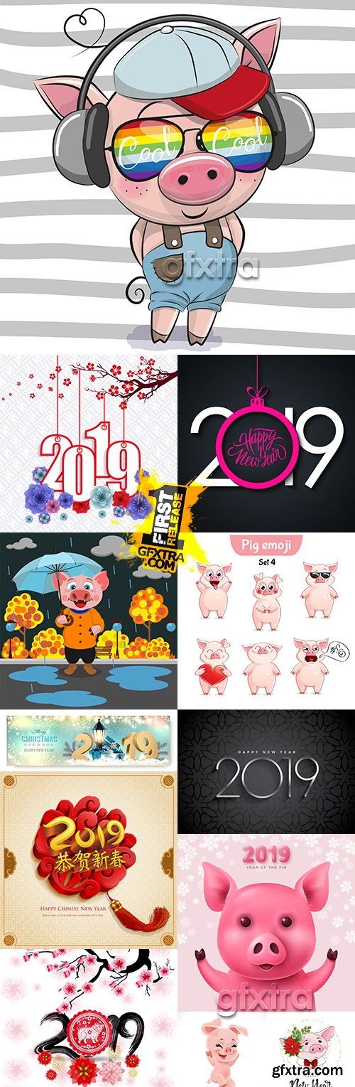 Pig funny and 2019 New Year decorative design collection